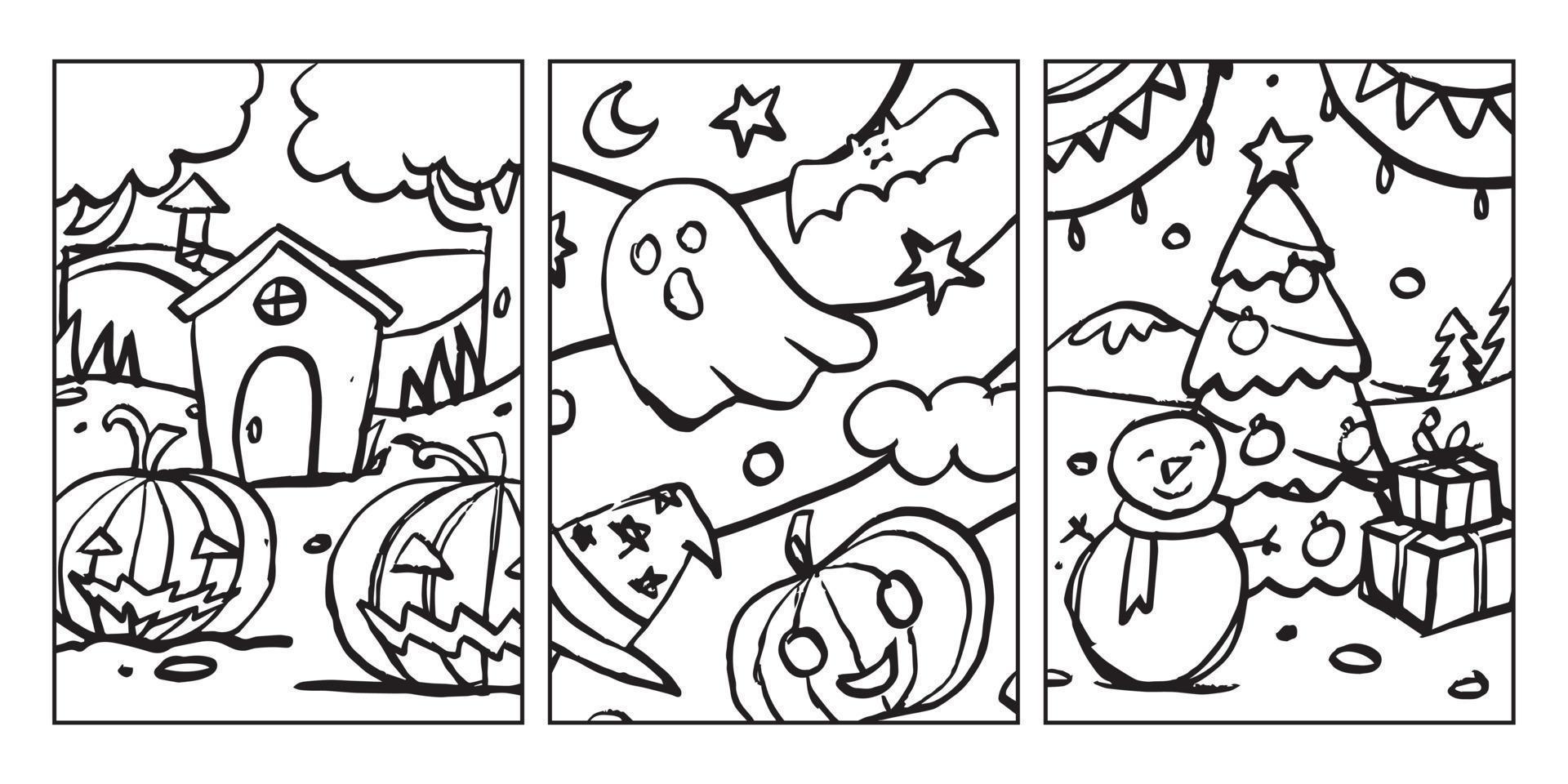 conjunto de ilustração de página de coloração de férias para crianças. coleção de design desenhado à mão de arte de linha de halloween e natal para livro de colorir. vetor
