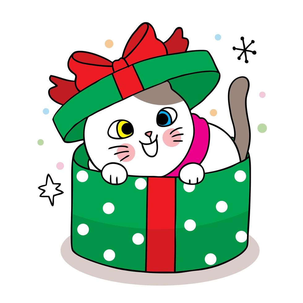 mão desenhada gato de natal em caixa de presente verde vetor