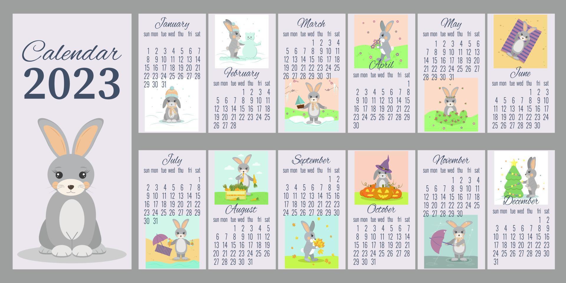 layout de calendário engraçado para 2023 com uma imagem colorida de coelho por mês com um personagem de cor cinza vetor