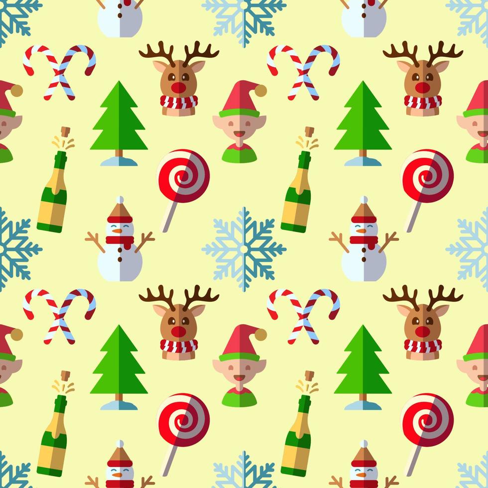 ano novo, feriado, conceito de natal. padrão perfeito de doce, veado, árvore, elfo, pirulito, champanhe, floco de neve. perfeito para embrulhar, cartões postais, capas, tecido, têxtil vetor
