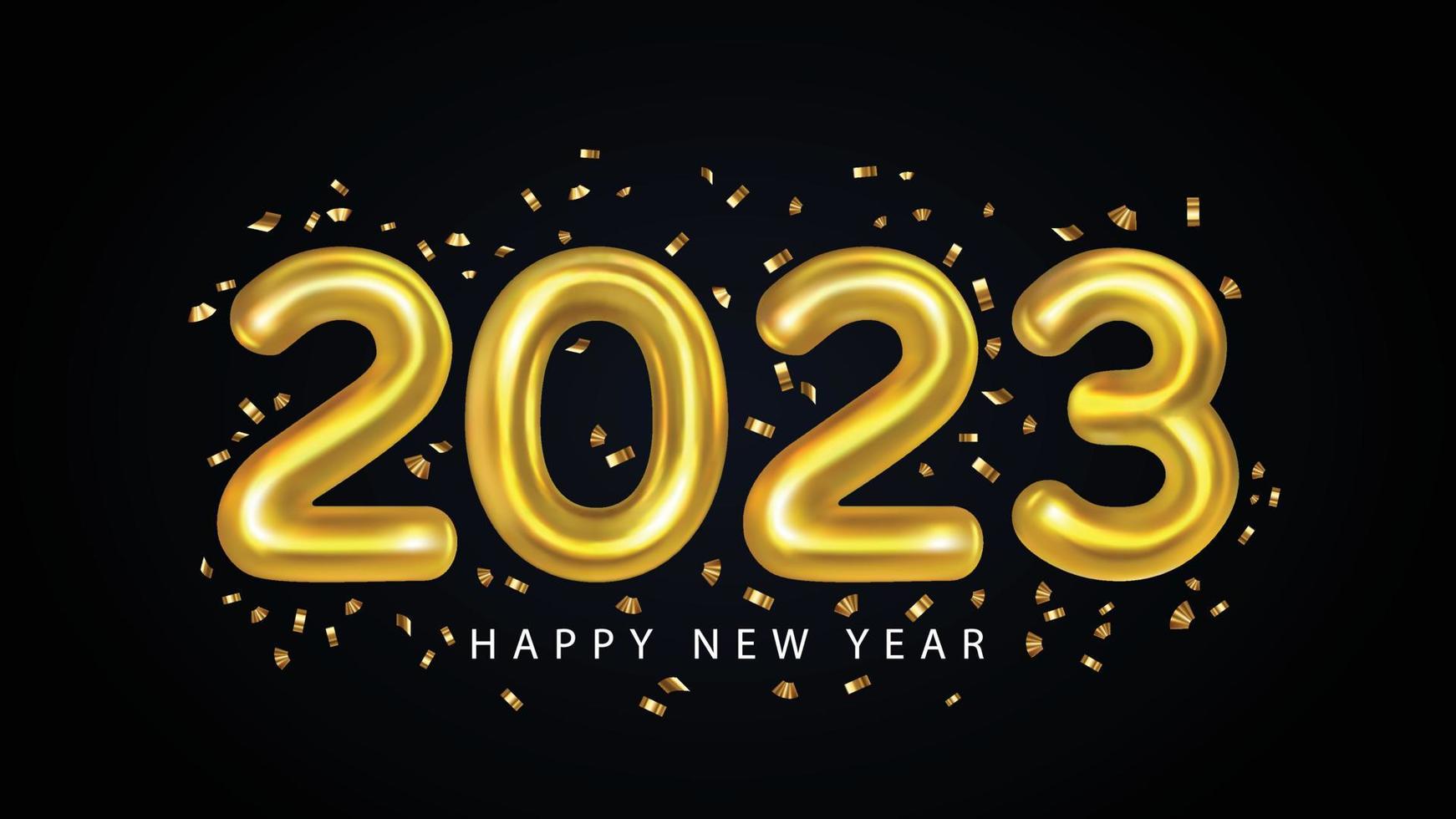 feliz ano novo 2023 com balões de folha de ouro em fundo preto. cartão de felicitações. ilustração vetorial eps10 vetor