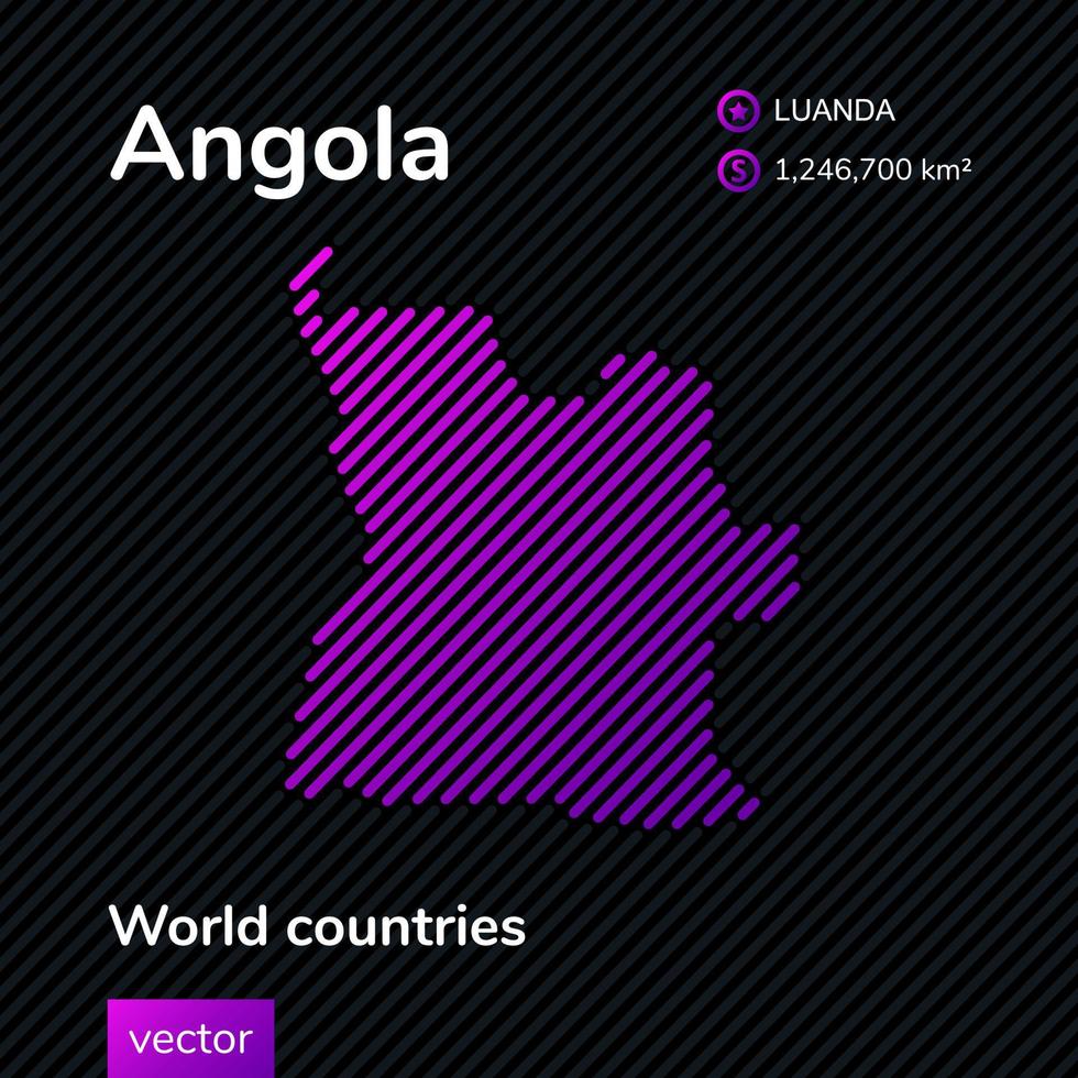 mapa listrado vetorial de angola em cores violetas no fundo preto listrado. bandeira educacional vetor