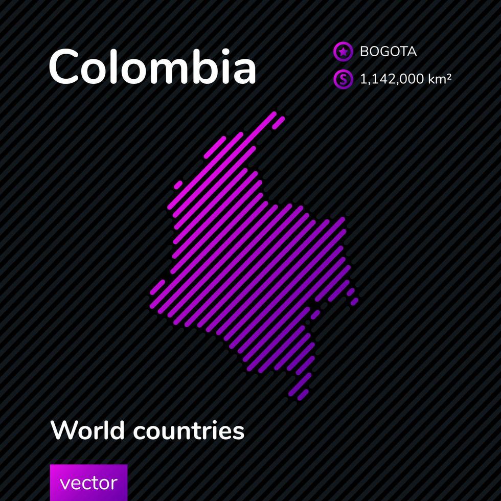 mapa plano estilizado vetorial da colômbia nas cores violeta e preta em fundo listrado. bandeira educacional vetor