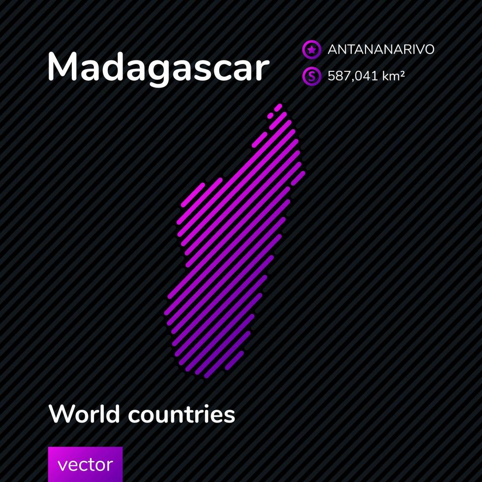 mapa de madagascar vetor plano em cores violetas em um fundo preto listrado. ícone do mapa estilizado de madagascar. elemento infográfico