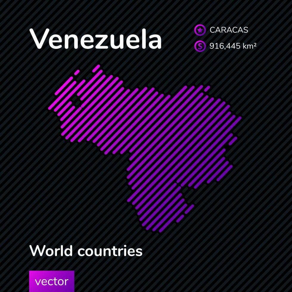 vetor mapa plano de néon digital criativo da venezuela com textura listrada violeta, roxa e rosa em fundo preto. banner educacional, cartaz sobre a venezuela