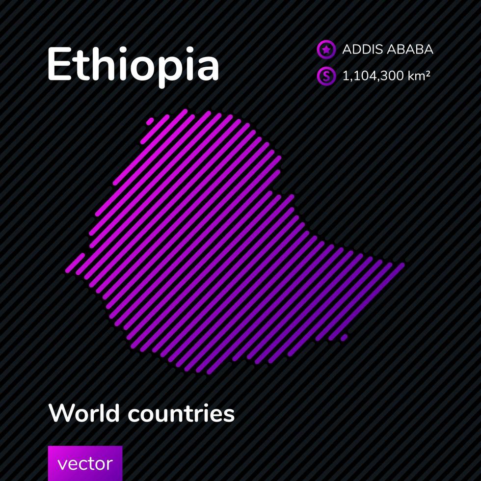 Mapa vetorial da Etiópia feito em estilo plano em cores roxas em um fundo preto listrado. bandeira educacional vetor