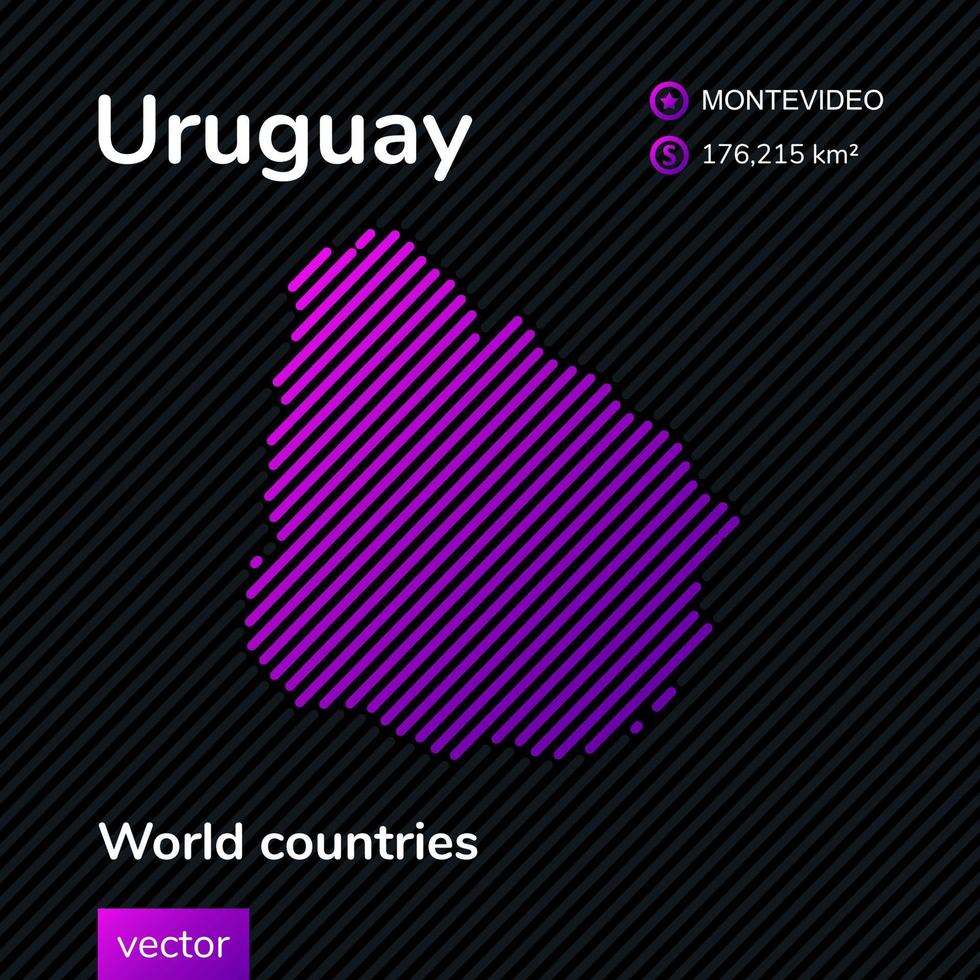 mapa plano vetorial do uruguai com textura listrada violeta, roxa e rosa em fundo preto. banner educacional, cartaz sobre o uruguai vetor