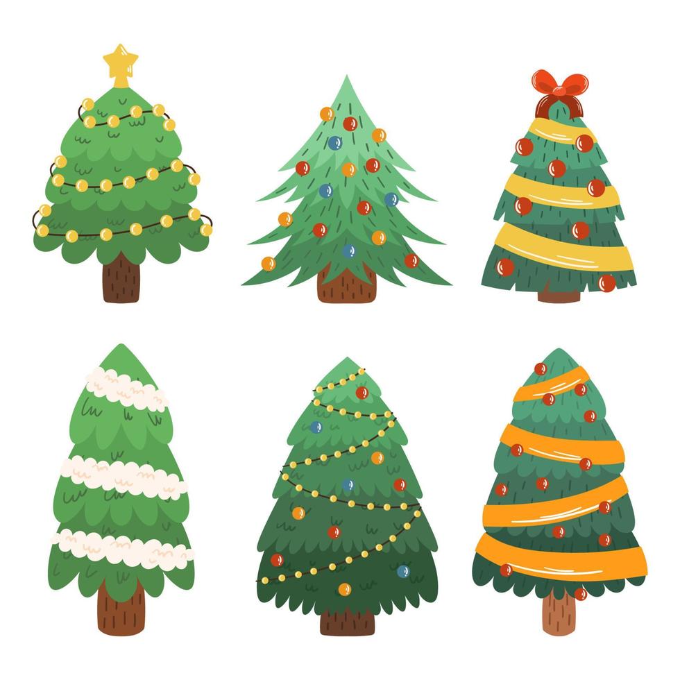 coleção de árvores de natal planas dos desenhos animados. pinho decorado e abeto com guirlanda leve, bolas e fitas. feriado de inverno definido para cartão. vetor