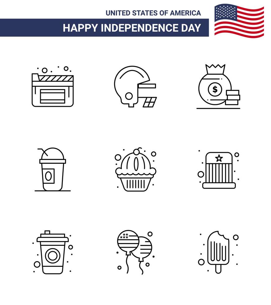 4 de julho eua feliz dia da independência ícone símbolos grupo de 9 linhas modernas de bolo muffin dinheiro limonada americana editável dia dos eua vetor elementos de design