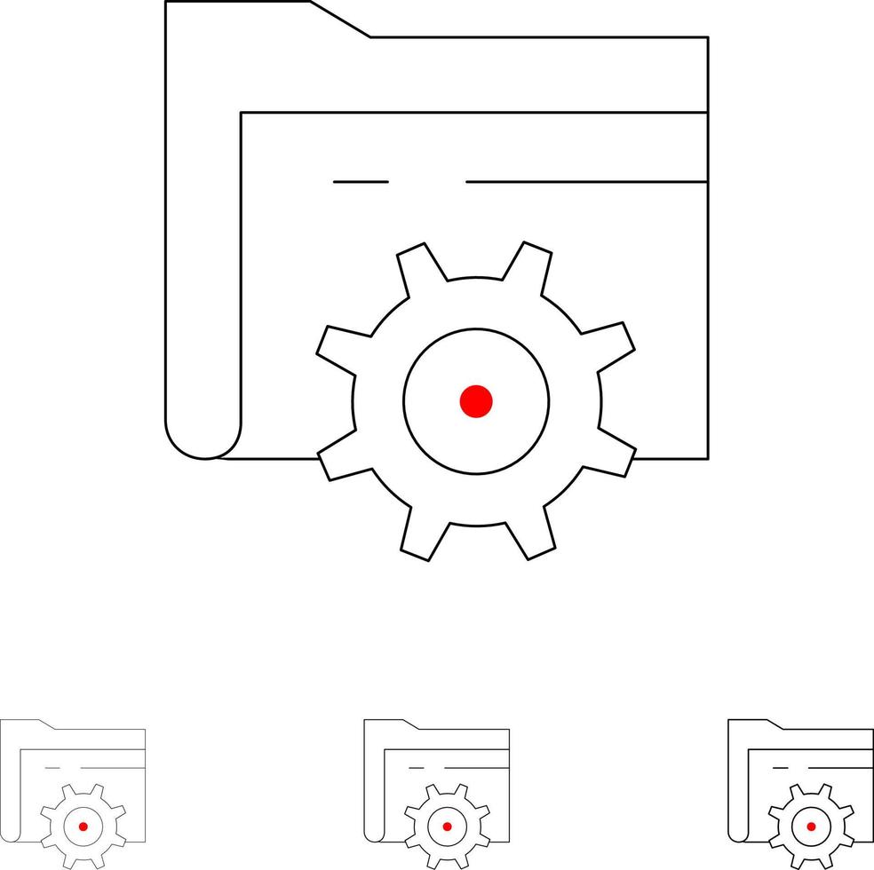 conjunto de ícones de linha preta em negrito e fino de computação de engrenagem de configuração de pasta vetor
