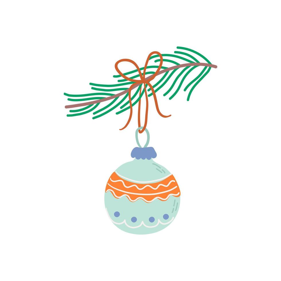 ilustração em vetor de brinquedo de Natal isolado no branco. decoração de vidro de férias de inverno com ornamento de textura. linda composição desenhada à mão para cartões, estampas, cartazes.