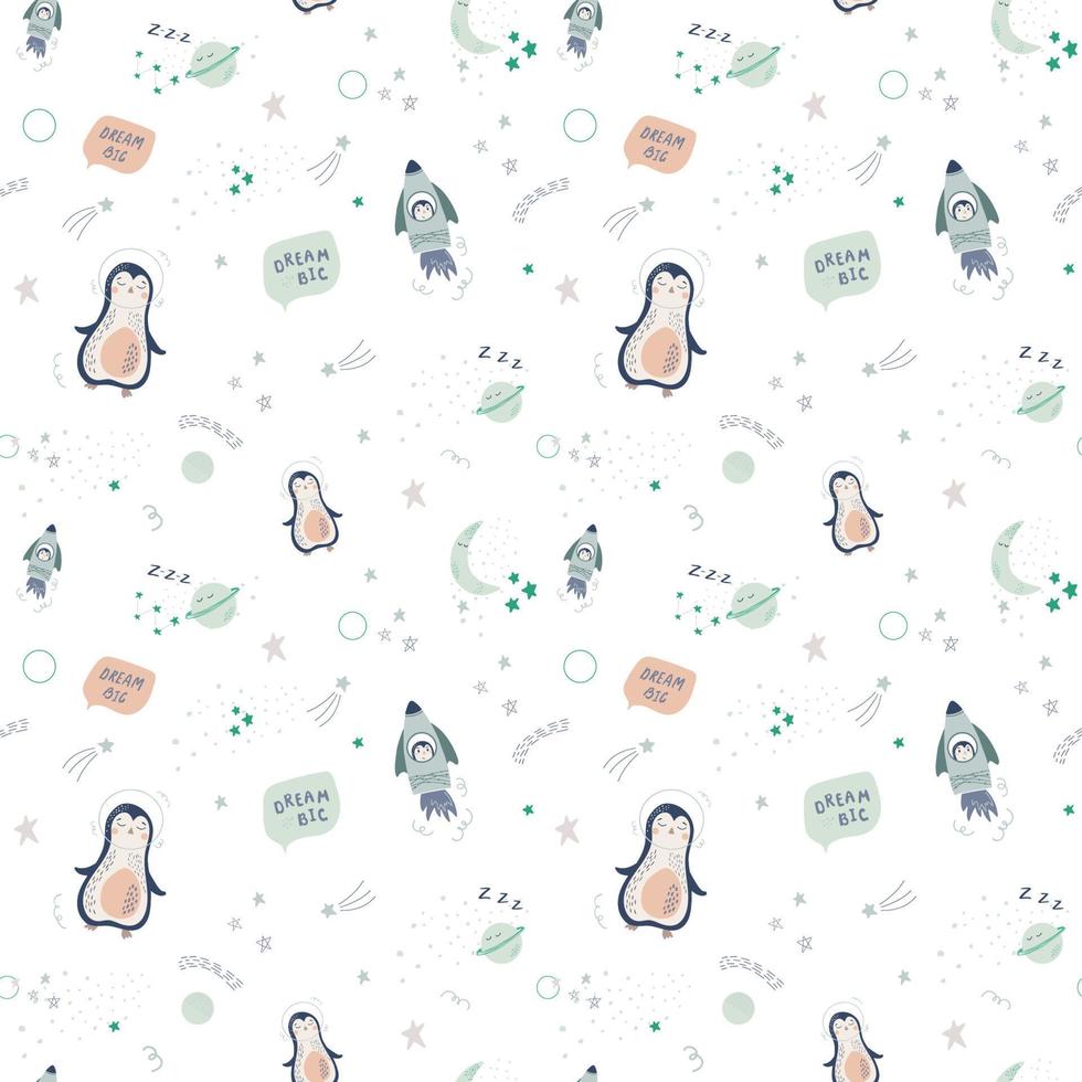 padrão sem emenda de vetor de espaço bebê fofo com pinguins, estrelas, foguetes e planetas. ilustração vetorial em estilo escandinavo desenhado à mão simples. melhor para berçário, roupas, decoração de chá de bebê.