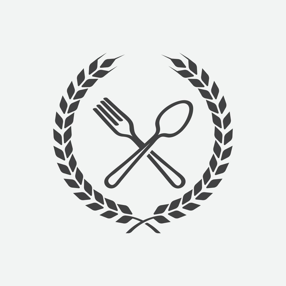 colher e garfo com ícone de coroa de louros, símbolo cruzado, ilustração vetorial linear de restaurante, símbolo de restaurante, vetor de ícone de cozinha