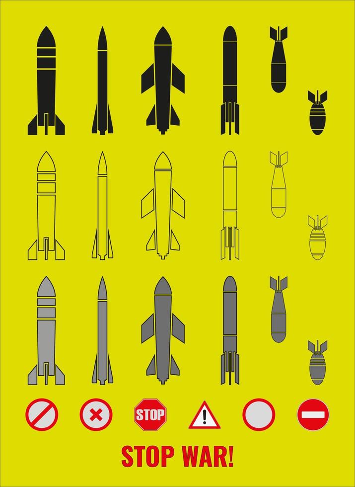 conjunto de ícones de várias bombas, mísseis e sinais de símbolos anti-guerra. construtor. a inscrição parar a ilustração vetorial de guerra. vetor