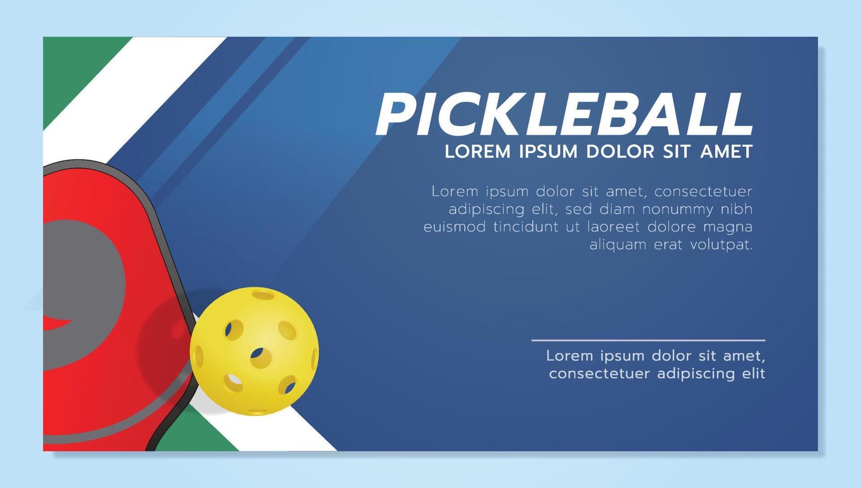 modelo de banner de pickleball com uma raquete e uma bola amarela. vetor