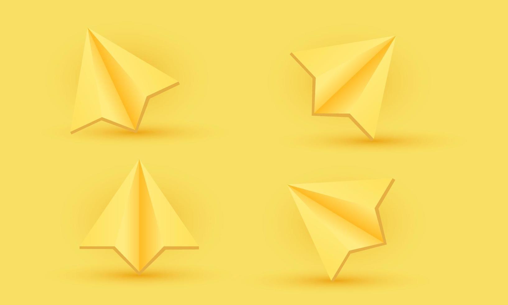 ícone de ilustração conjunto 3d realista avião de papel amarelo isolado no fundo vetor