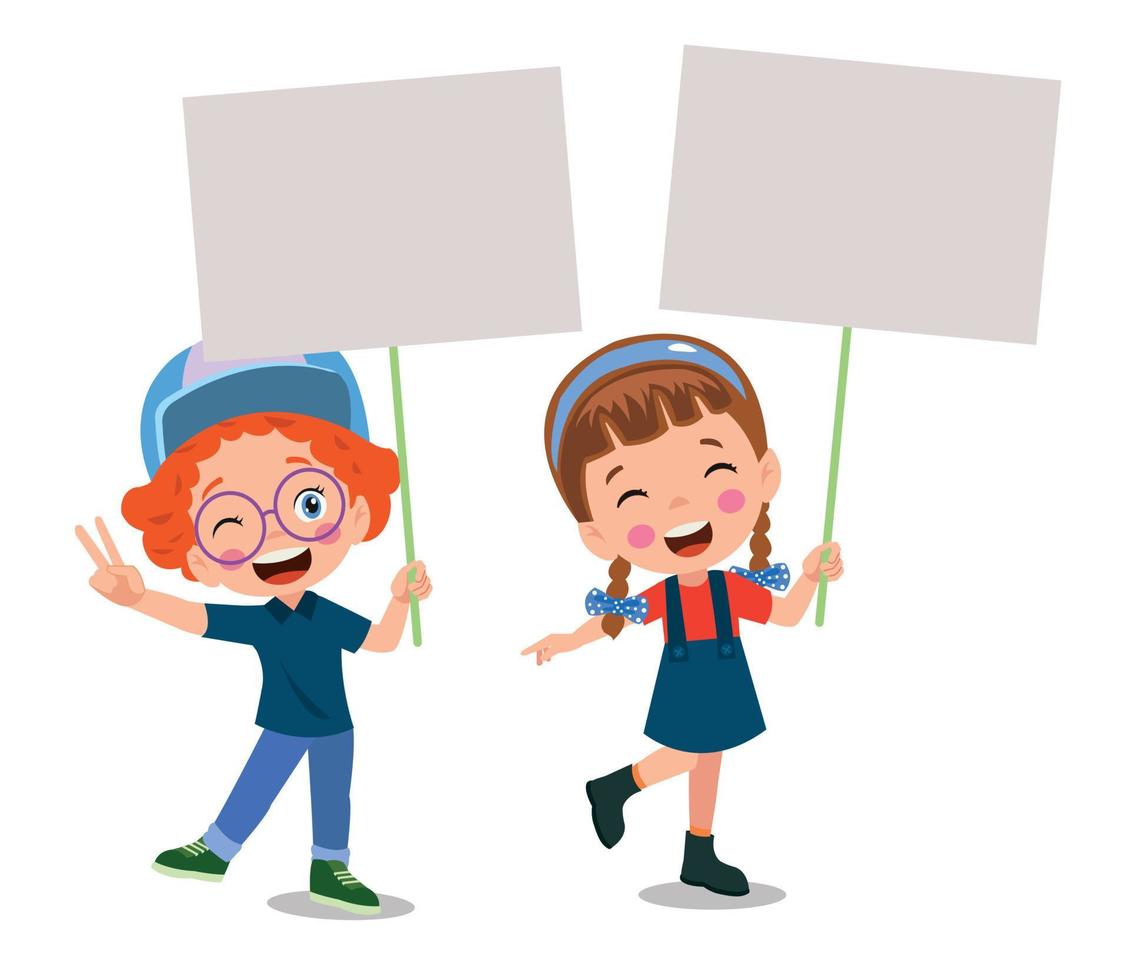 crianças segurando bandeiras. vetor menino e menina com banner vazio, ilustração cartoon escola garoto e placa para texto