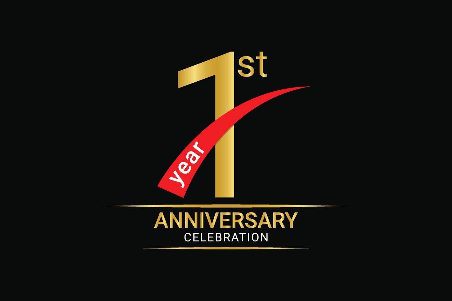 número dourado do aniversário de 1 ano e fita vermelha com design de banner vetor