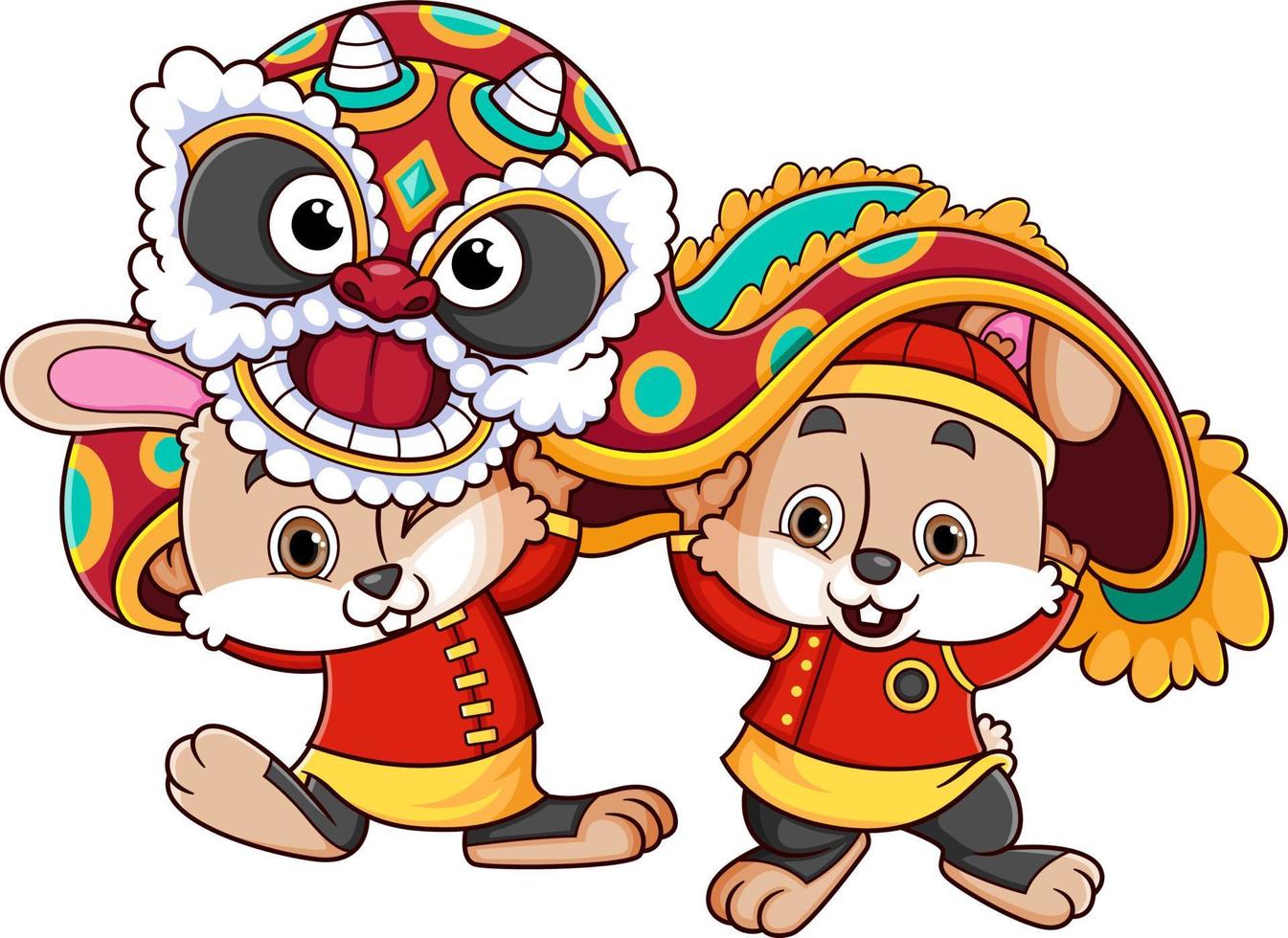 feliz ano novo chinês dança do leão com dois personagens de coelho vetor