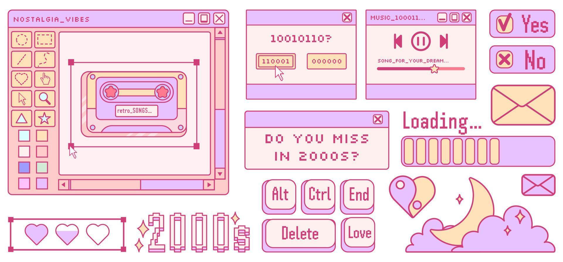 estética de computador antigo. elementos de pc retrô kawaii, interface de usuário, sistema operacional, janelas, ícones em ilustrações de style.vector na moda y2k retro. vetor