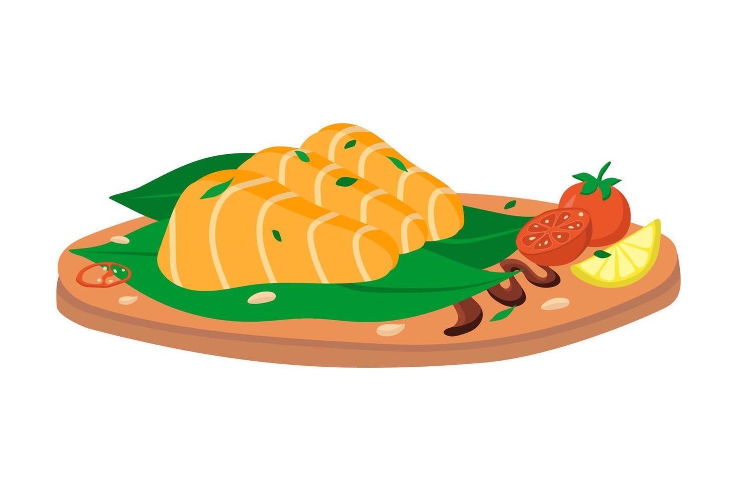 sashimi de salmão em uma placa redonda de madeira. ilustração vetorial vetor