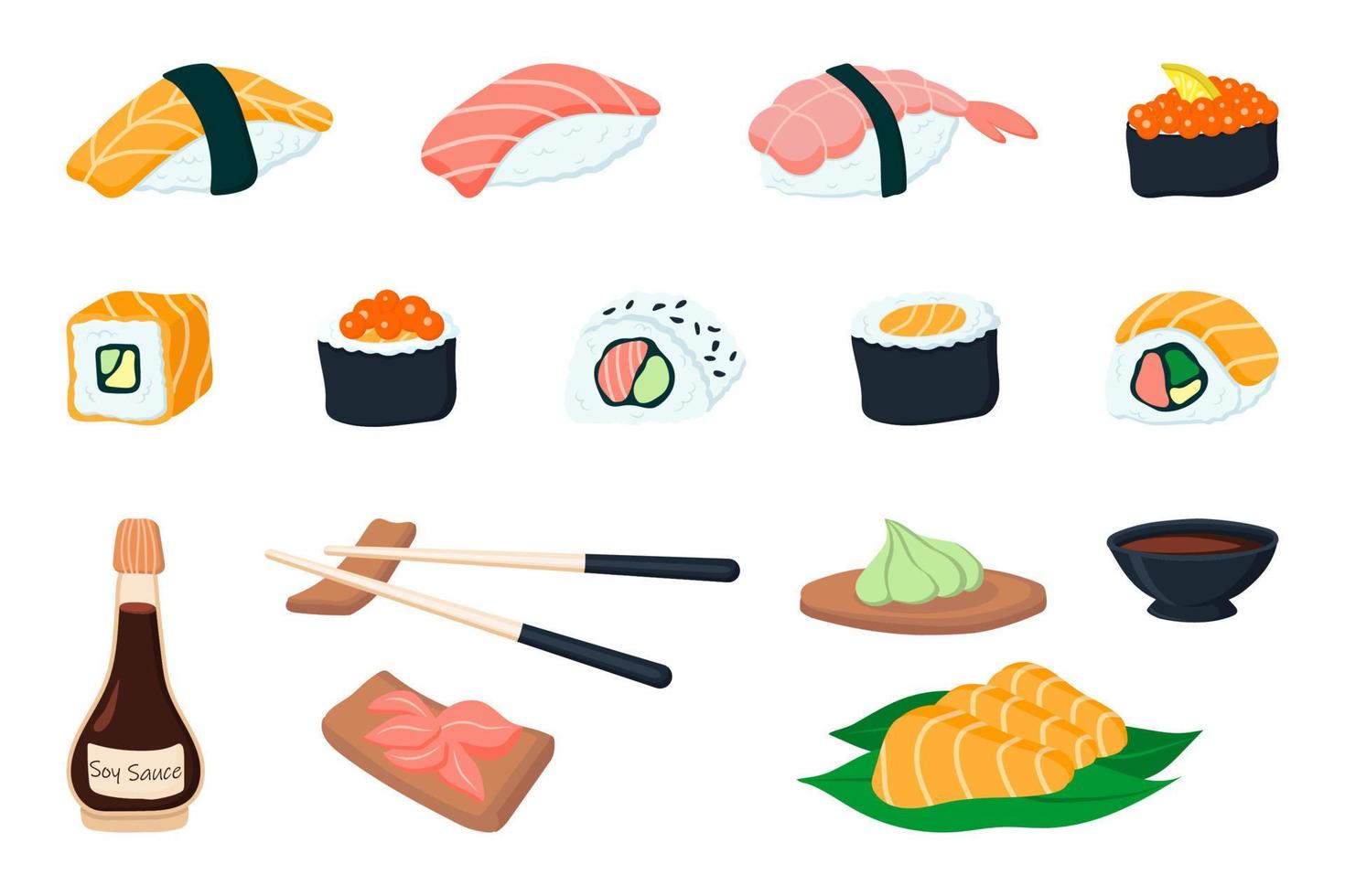 conjunto de ilustrações de rolos de sushi e sashimi. ilustração vetorial vetor