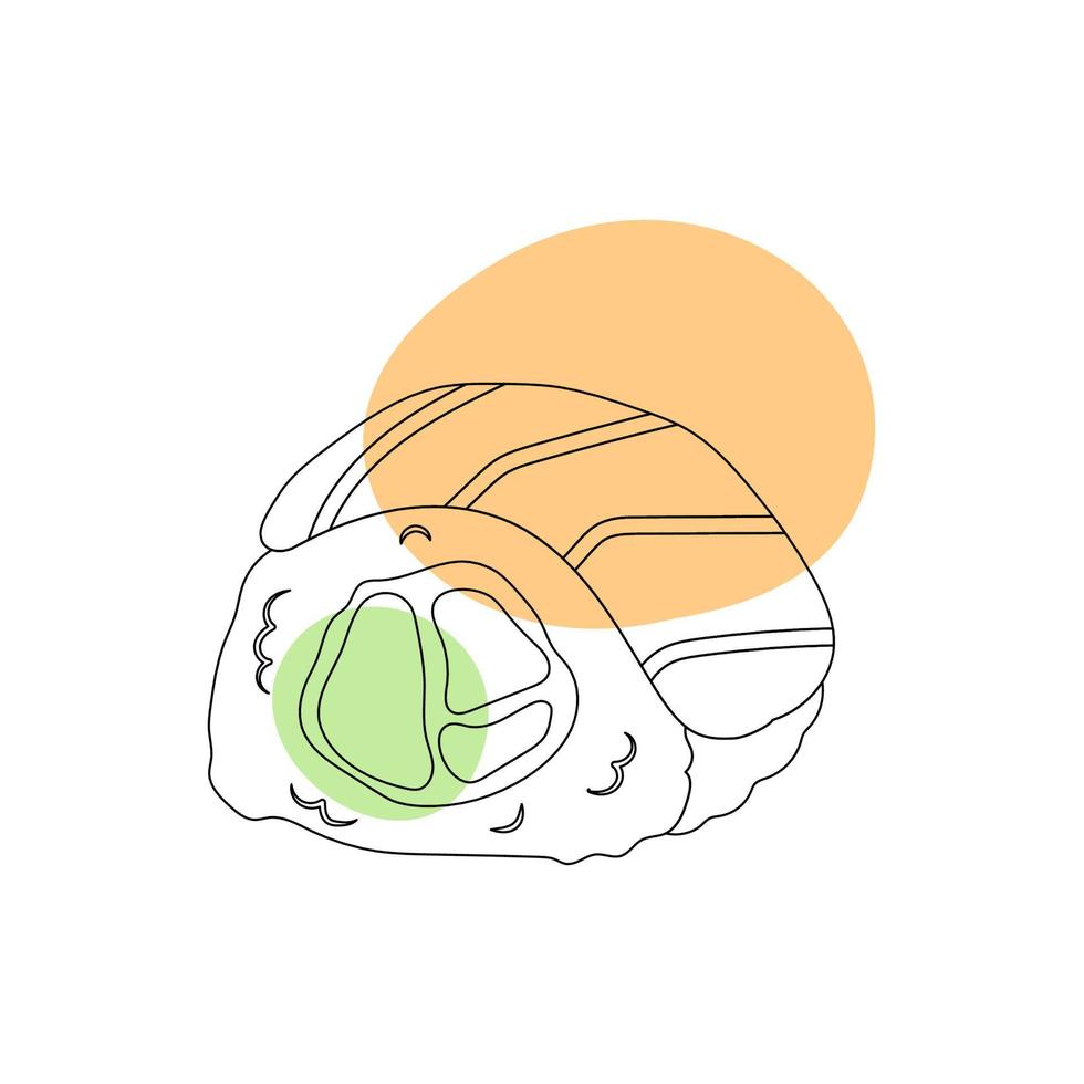 rolo de comida asiática com salmão no estilo de arte de linha com manchas coloridas. ilustração vetorial vetor