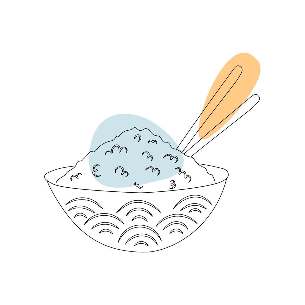 arroz cozido em um prato no estilo de arte de linha com manchas coloridas. ilustração vetorial vetor