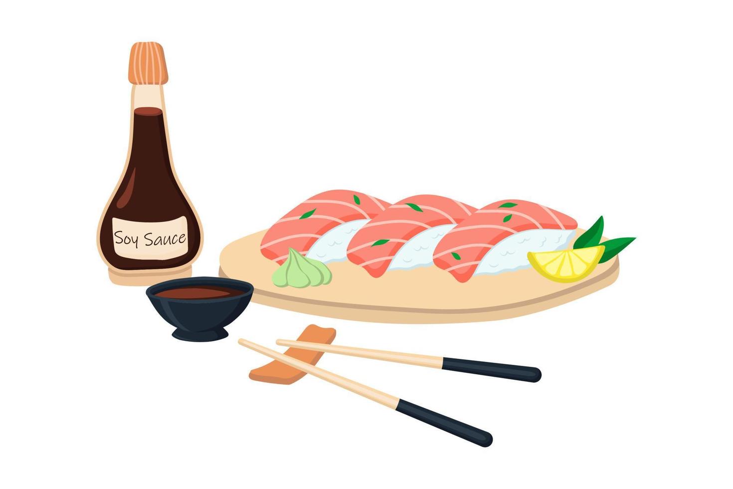 conjunto de sushi com molho de soja e atum e pauzinhos. ilustração vetorial vetor