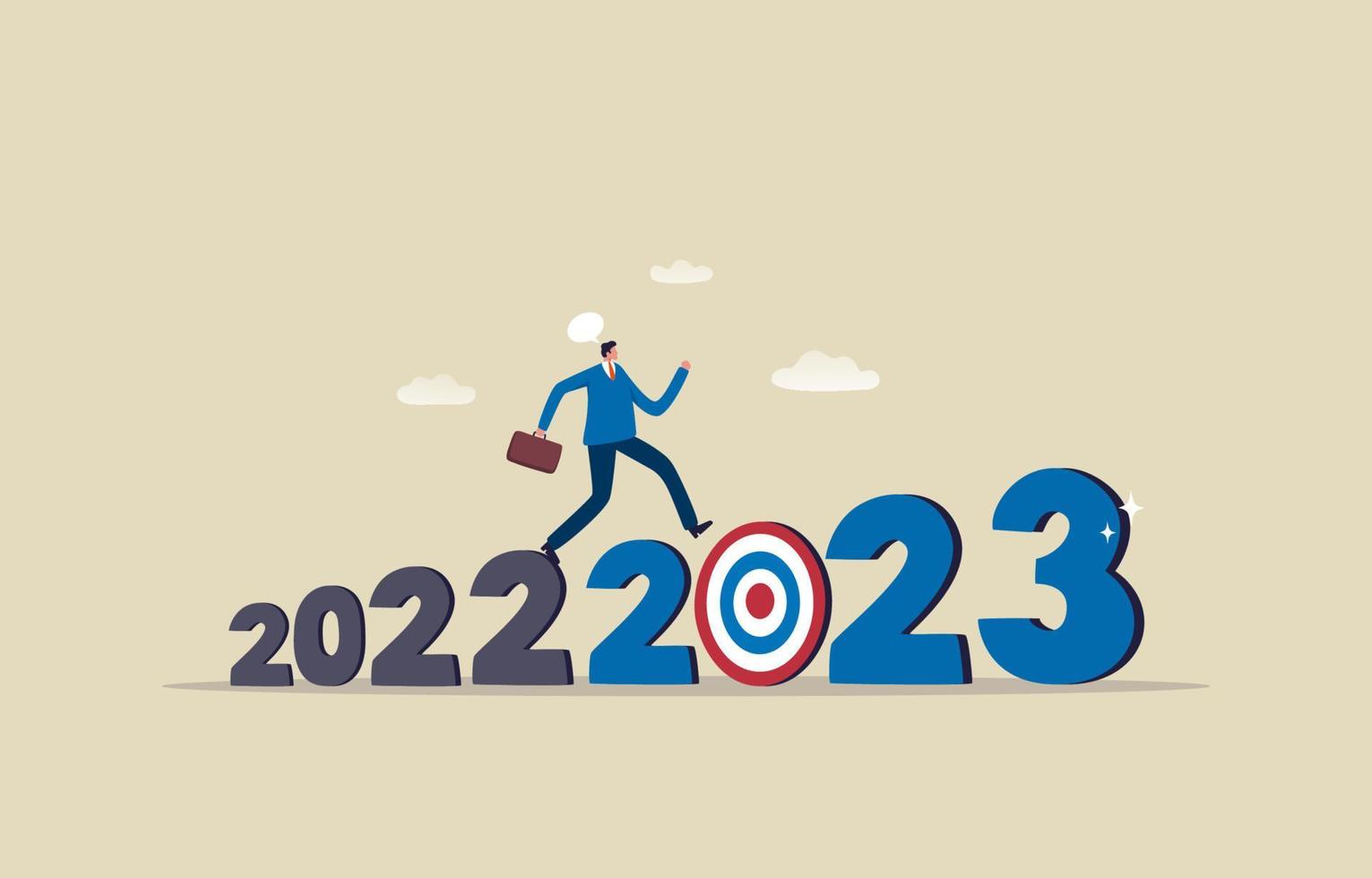 visão 2023 para os negócios. novas oportunidades para os objetivos de negócios. empresário caminhando de 2022 a 2023. ilustração vetor