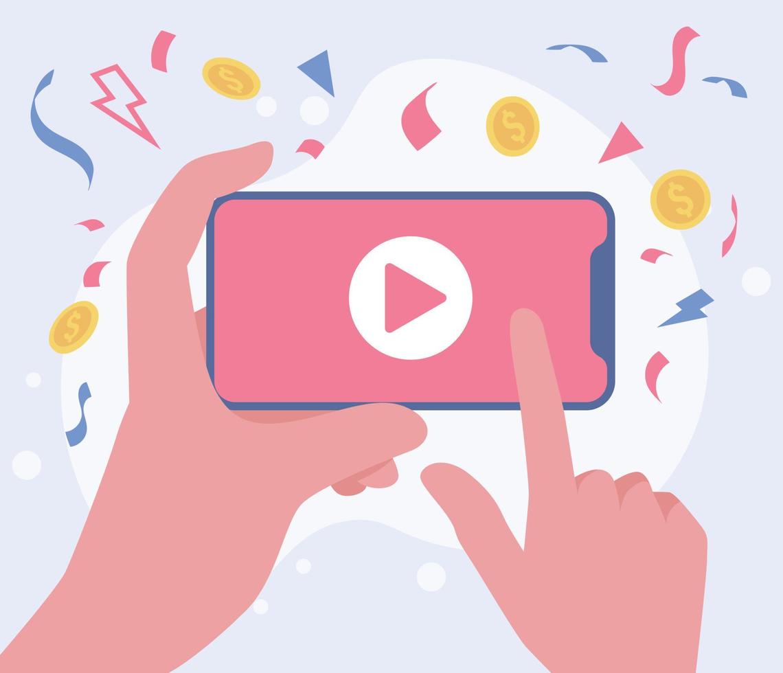 ganhar dinheiro online com conteúdo de vídeo nas mídias sociais. mão segurando o smartphone com player de vídeo na tela. ilustração vetorial vetor