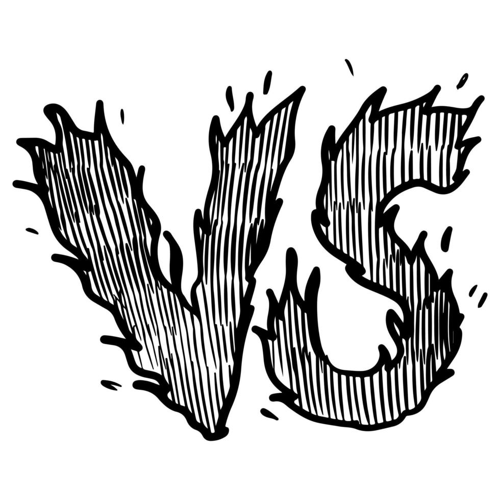 estilo de esboço de rabisco de versus ou vs letras logotipo ilustração desenhada à mão para design de conceito. duelo de luta em quadrinhos com borda de raio. vetor