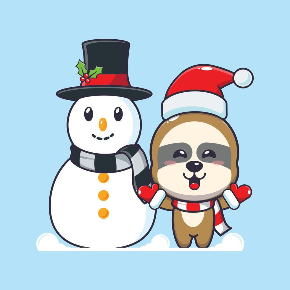 preguiça fofa brincando com boneco de neve. ilustração bonito dos desenhos animados de Natal. vetor