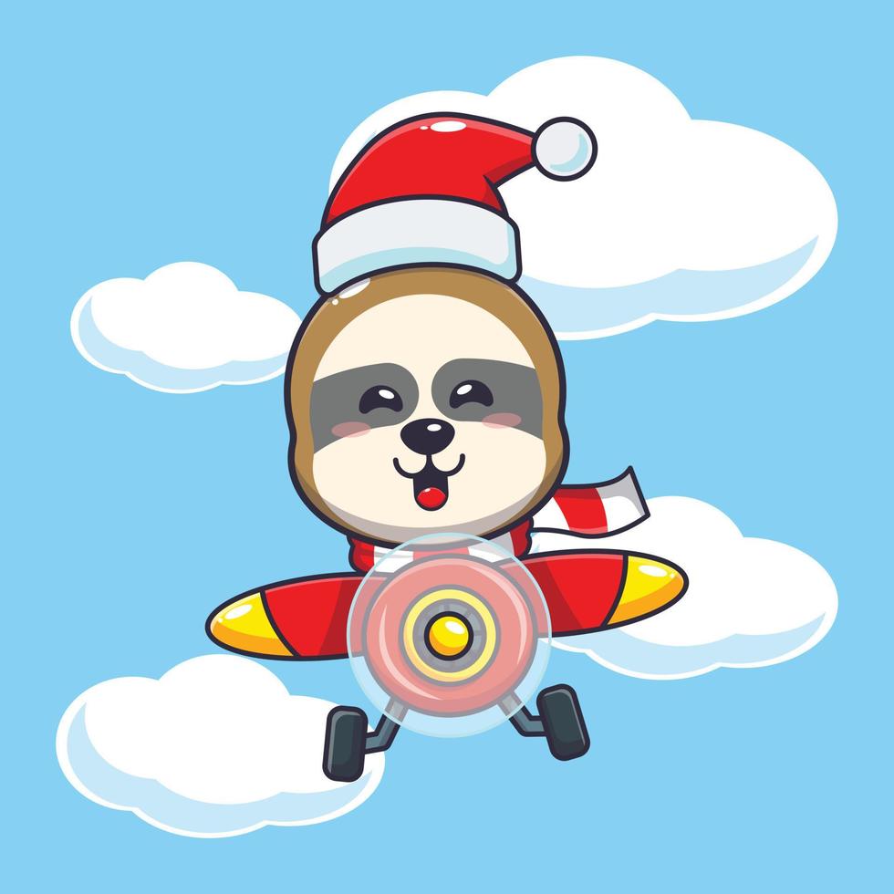 preguiça fofa usando chapéu de Papai Noel voando com avião. ilustração bonito dos desenhos animados de Natal. vetor
