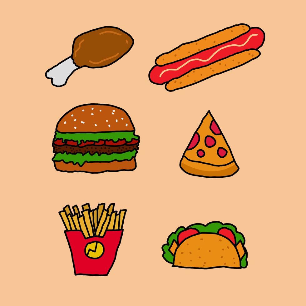 design vetorial desenhado à mão conjunto de clipart de fast food vetor