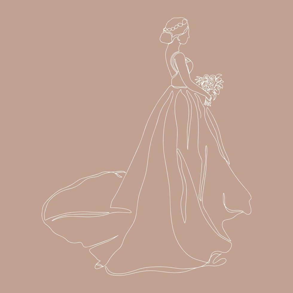 a noiva segurando o buquê desenha uma linha contínua. a silhueta da noiva em uma linha, vista lateral, vestida com um vestido de noiva. vetor
