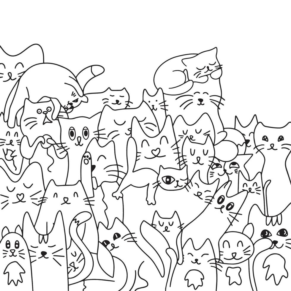 muitos gatos fofos. fundo de gatos. coloração. ilustração vetorial. gatos fofos e engraçados doodle conjunto de vetores. coleção de design de personagens de gato ou gatinho de desenho animado com cores planas em poses diferentes vetor