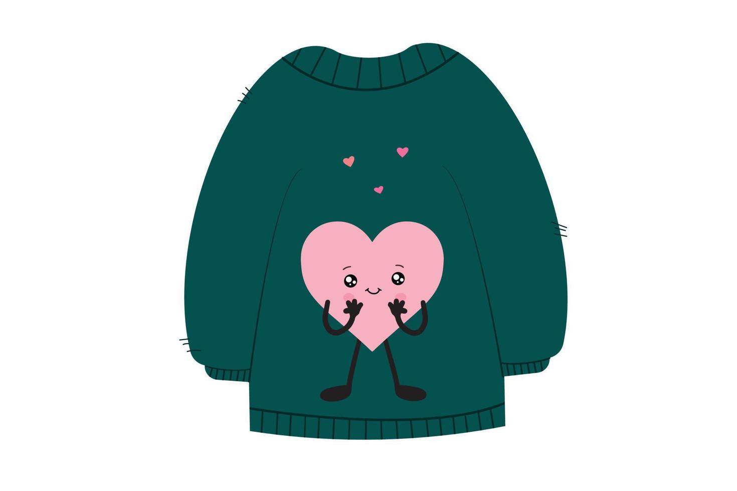 suéter de malha verde com um emoji de coração fofo no estilo kawaii. ilustração vetorial isolada no fundo branco. vetor