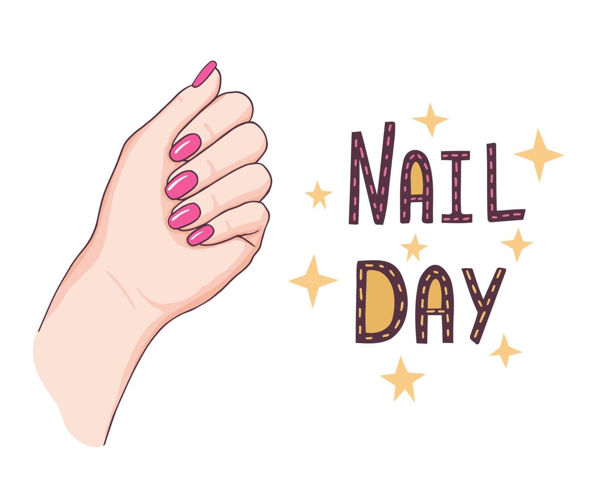 lindas mãos com unhas vermelhas. dia de unhas. manicure. ilustração de moda para salão de beleza, unhas, mestres de manicure, capas, cartões comemorativos, cartazes, adesivos, design sazonal. vetor