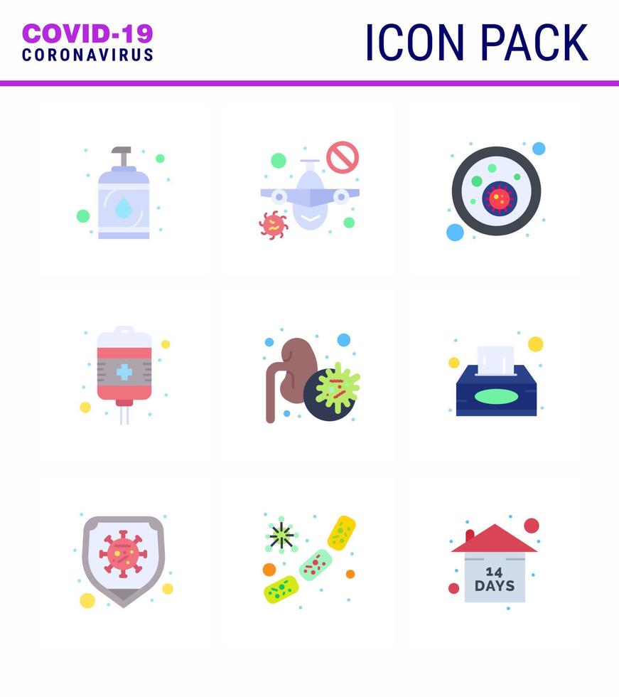 conjunto de ícones de prevenção de coronavírus 9 ícone de cor plana, como tratamento de bactérias no sangue de cuidados de saúde epidêmicos, gotejamento, elementos de design de vetor de doença viral de coronavírus 2019nov