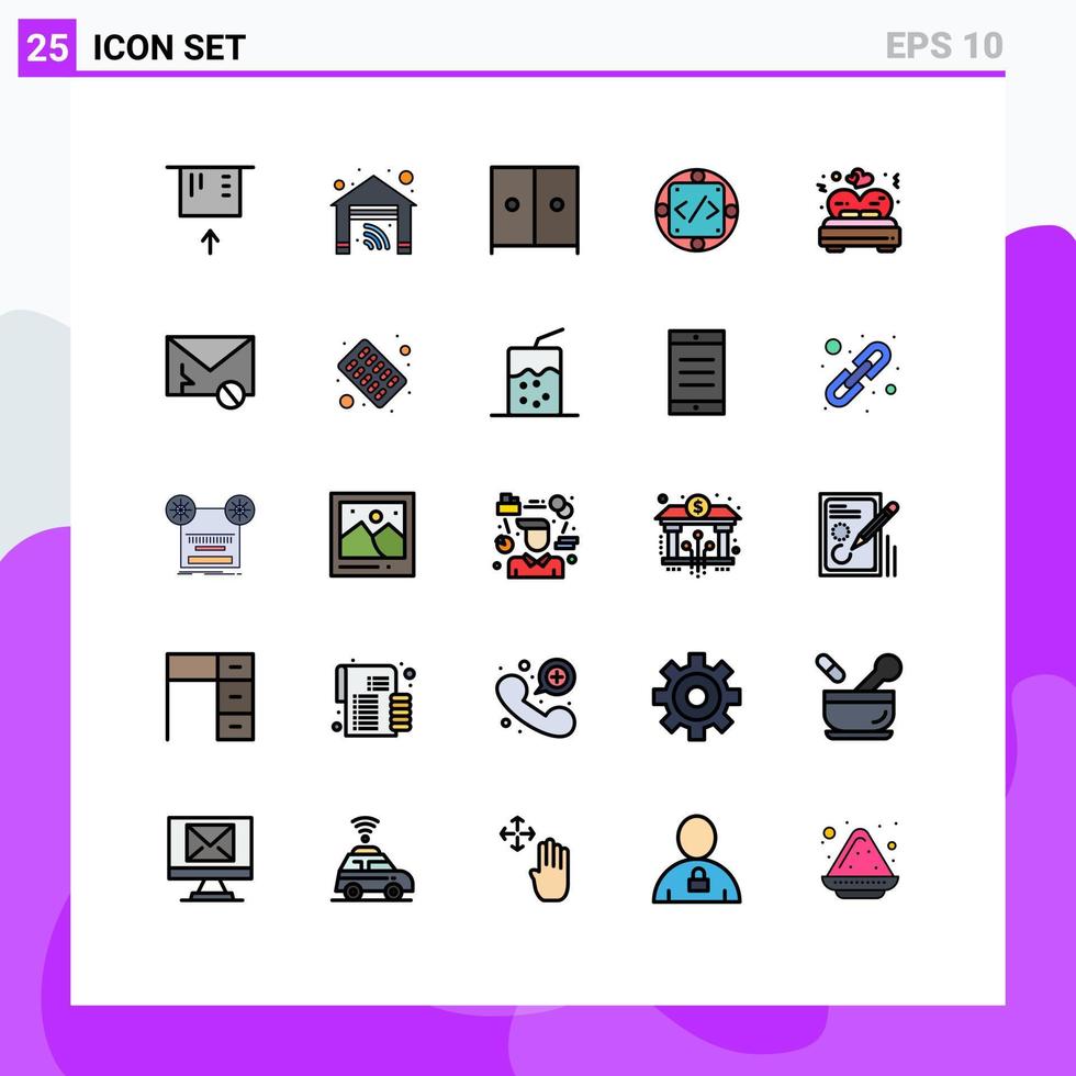 grupo de 25 cores planas de linhas preenchidas modernas definidas para implementação de produtos de interiores de cama dos namorados elementos de design de vetores editáveis