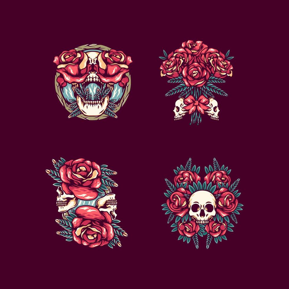 pacote de ilustração de caveira e rosas vetor