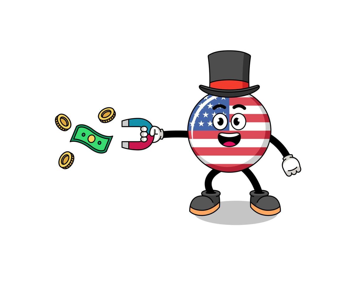 ilustração de personagem da bandeira dos estados unidos pegando dinheiro com um ímã vetor