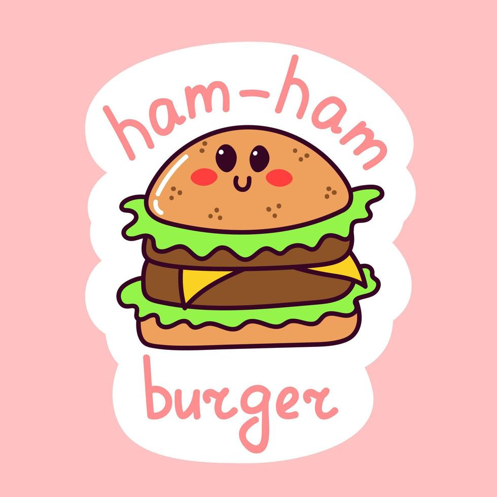 adesivo de hambúrguer fofo. comida rápida kawaii. rabiscar com texto. adesivo com contorno branco para planejador, scrapbooking. ilustração vetorial colorida desenhada à mão. vetor