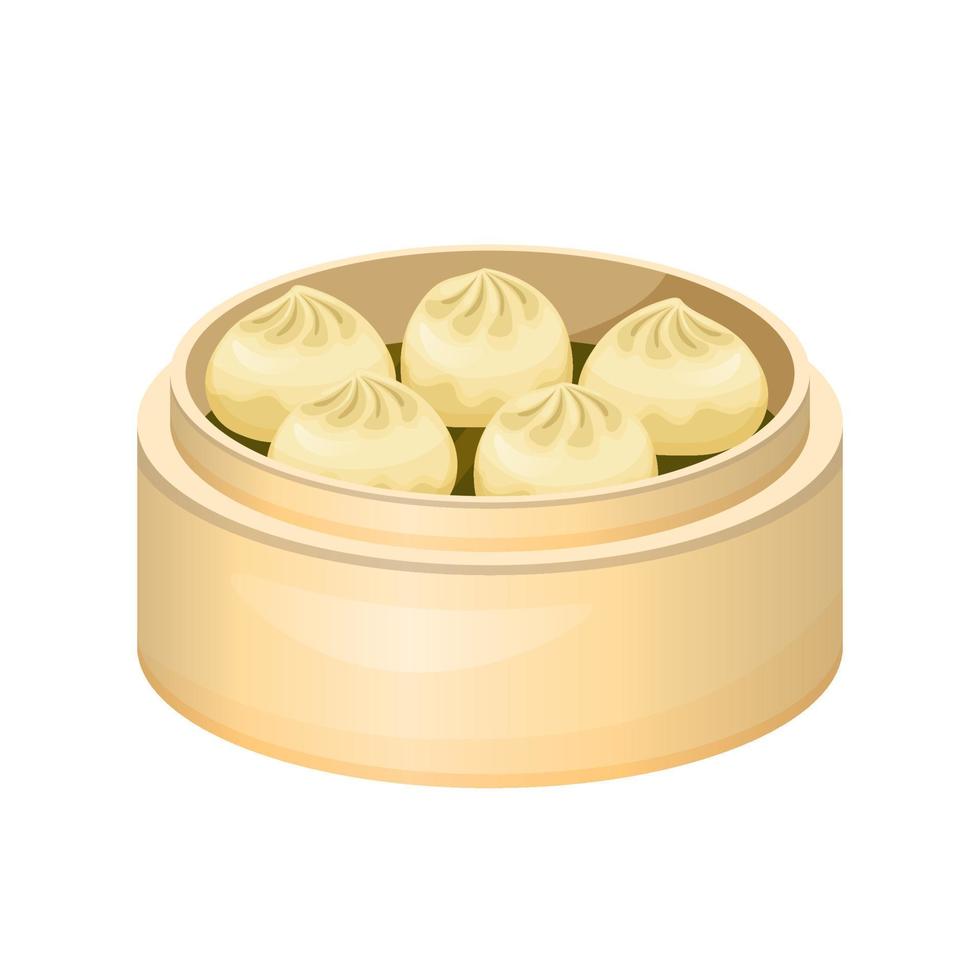 bolinhos de dim sum no vaporizador de bambu. prato tradicional chinês. comida asiática. ilustração vetorial colorida isolada no fundo branco. vetor