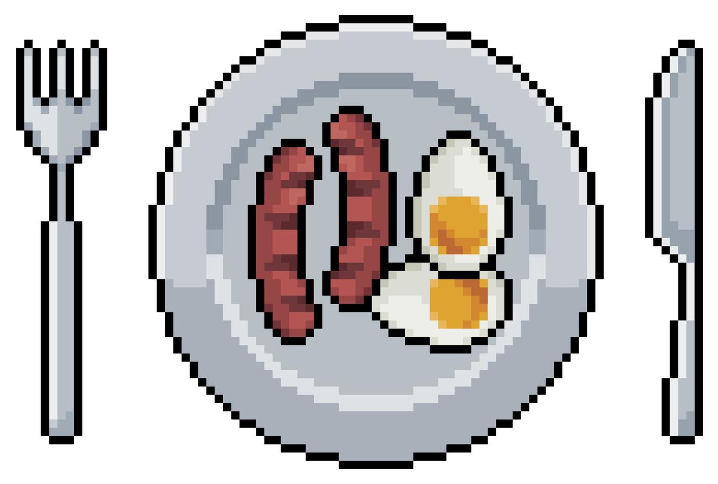 placa de pixel art com ovos cozidos e ícone de vetor de salsicha e talheres para jogo de 8 bits em fundo branco