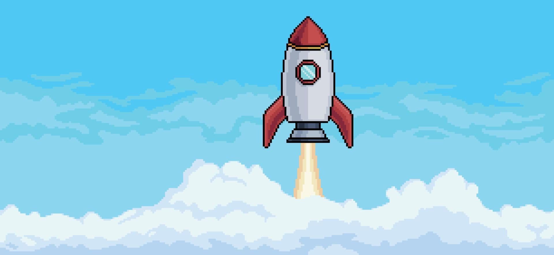 pixel art céu azul com nuvens e vetor de fundo voador de foguete para jogo de 8 bits