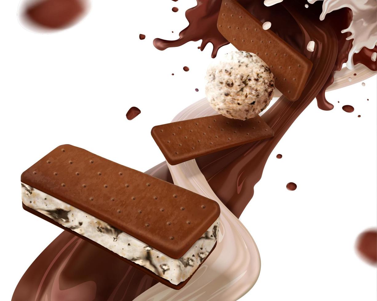 biscoito de sanduíche de sorvete com derramamento de leite e calda de chocolate no fundo branco em ilustração 3d vetor