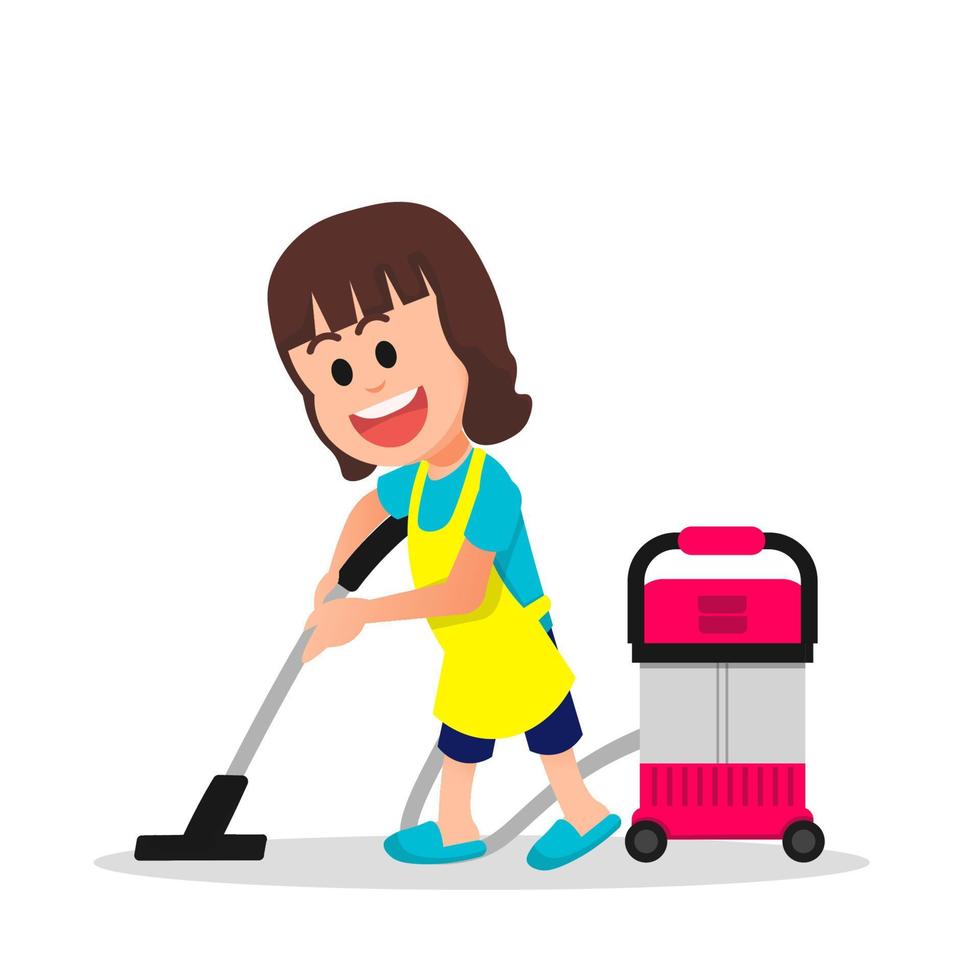 uma garotinha limpa o chão com um aspirador de pó vetor