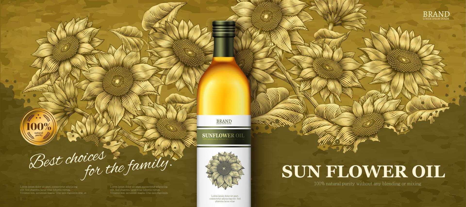 anúncios de banner de óleo de flor de sol em ilustração 3d em fundo de jardim de girassol estilo xilogravura elegante vetor